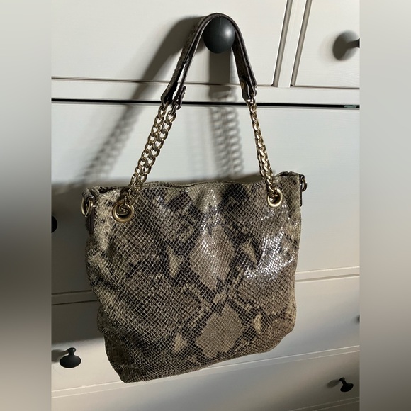 Michael Kors Green/Black Python Embossed Suede Chain Tote Purse - Picture 4 of 8